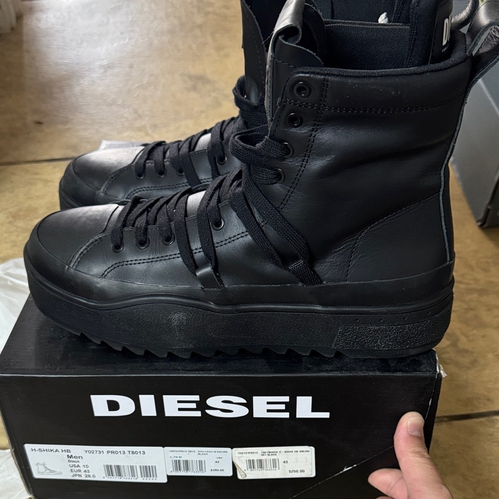 Diesel Black Leather High-Top Platform Lace-Up Boots